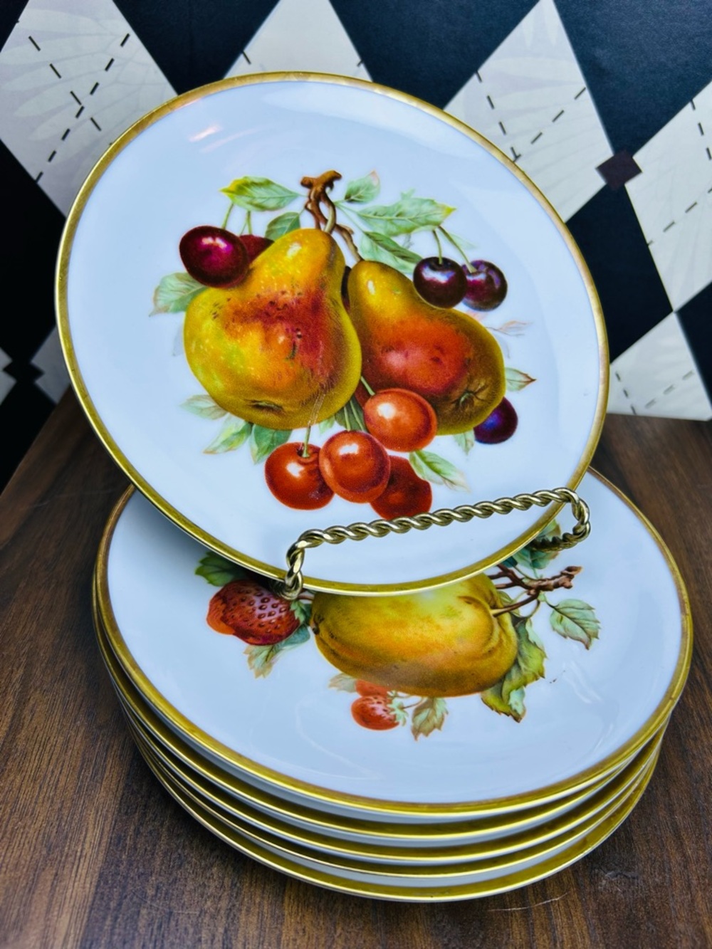 Vintage Mitterteich Bavaria Fruit Plates Set‎ of 6 Gold Rim German Porcelain